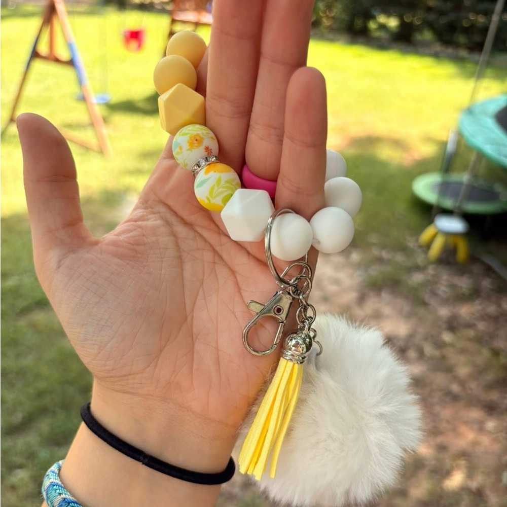 Yellow and White Beaded Keychain with Pom Pom
